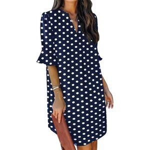 Women Blue Dots Polyester V-Neck Loose Fit Short Sleeve Knee Length Shift Dress